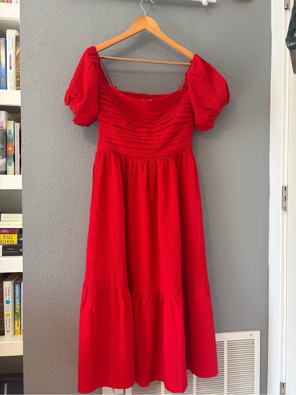 Red Off Shoulder Puff-Sleeve Midi Dress
